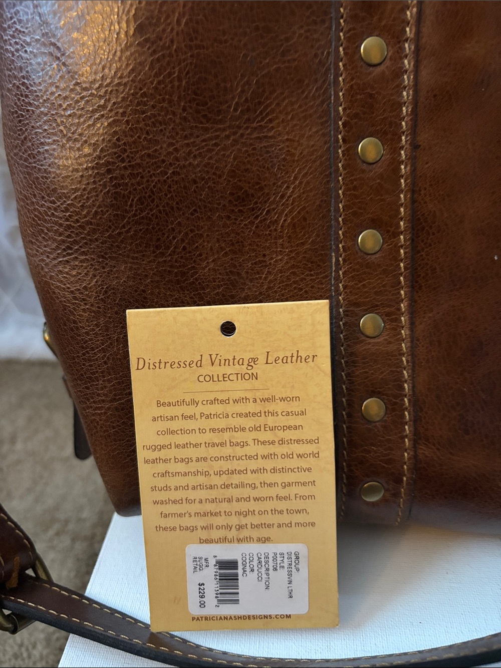 Distressed Brown Leather Tote Bag with Stud Details by Patricia Nash - Picture 2 of 15